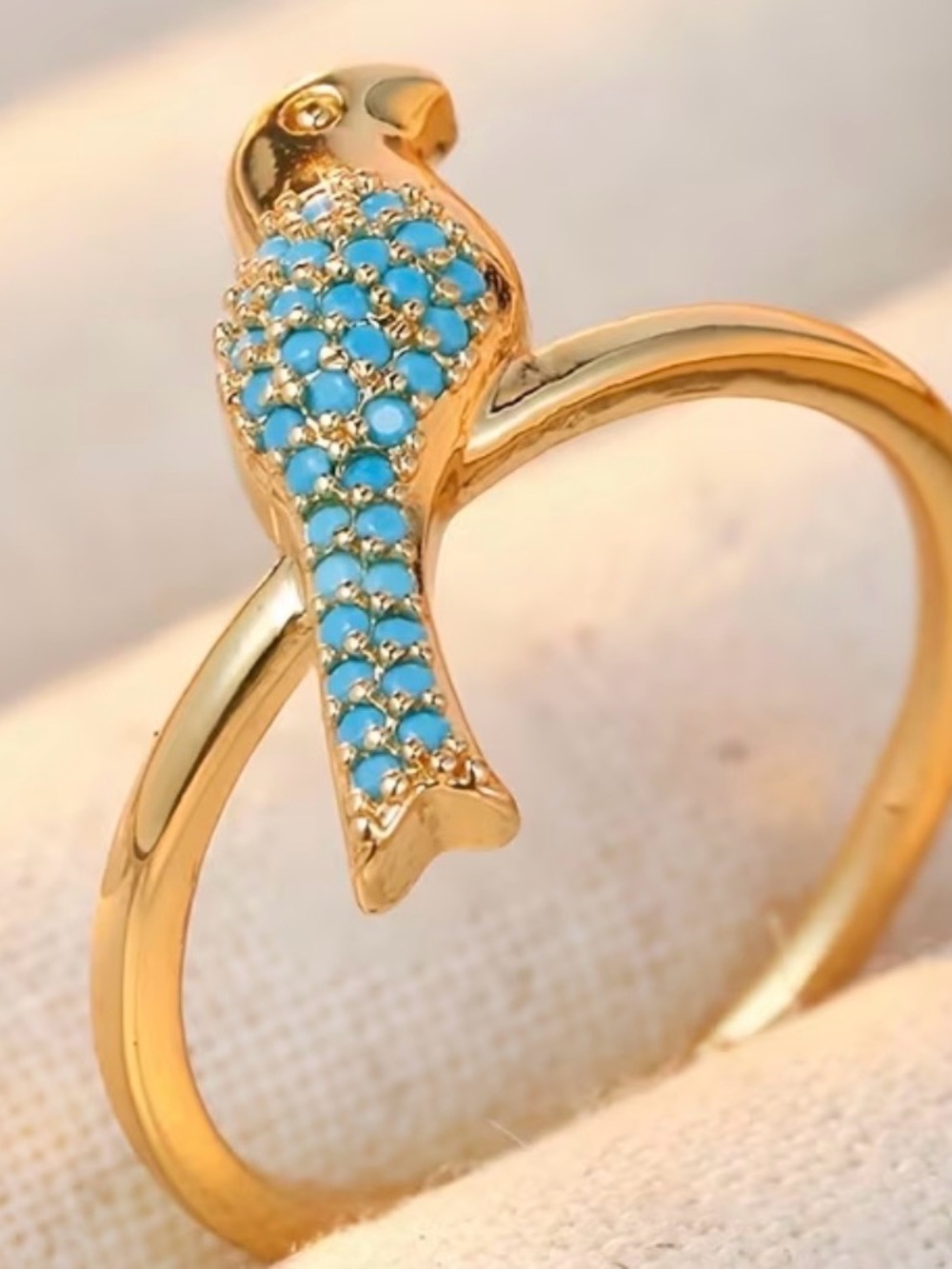 Gold Plated Bird Ring with Turquoise Pavé Stones - Picture 4 of 9